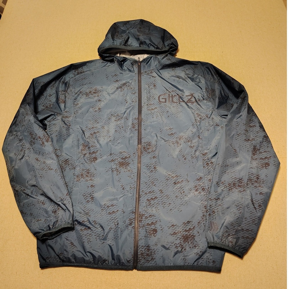 Gillz Mens Fishing Windbreaker Jacket Blue Scale Pattern Hooded Full Zip L T